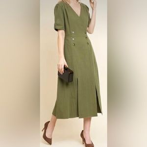 Umgee Olive Pintuck Sleeve V-Neck Double Button Crossbody Midi Dress
